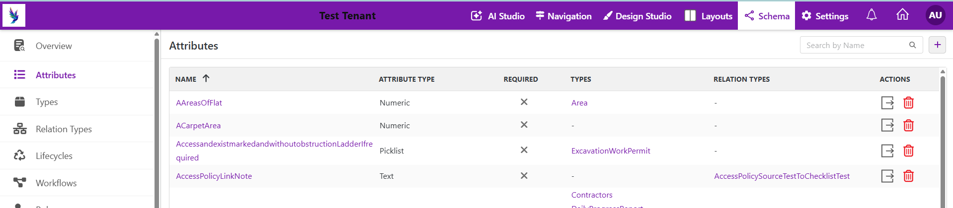 The Attributes grid, with the Export icon in the Actions column