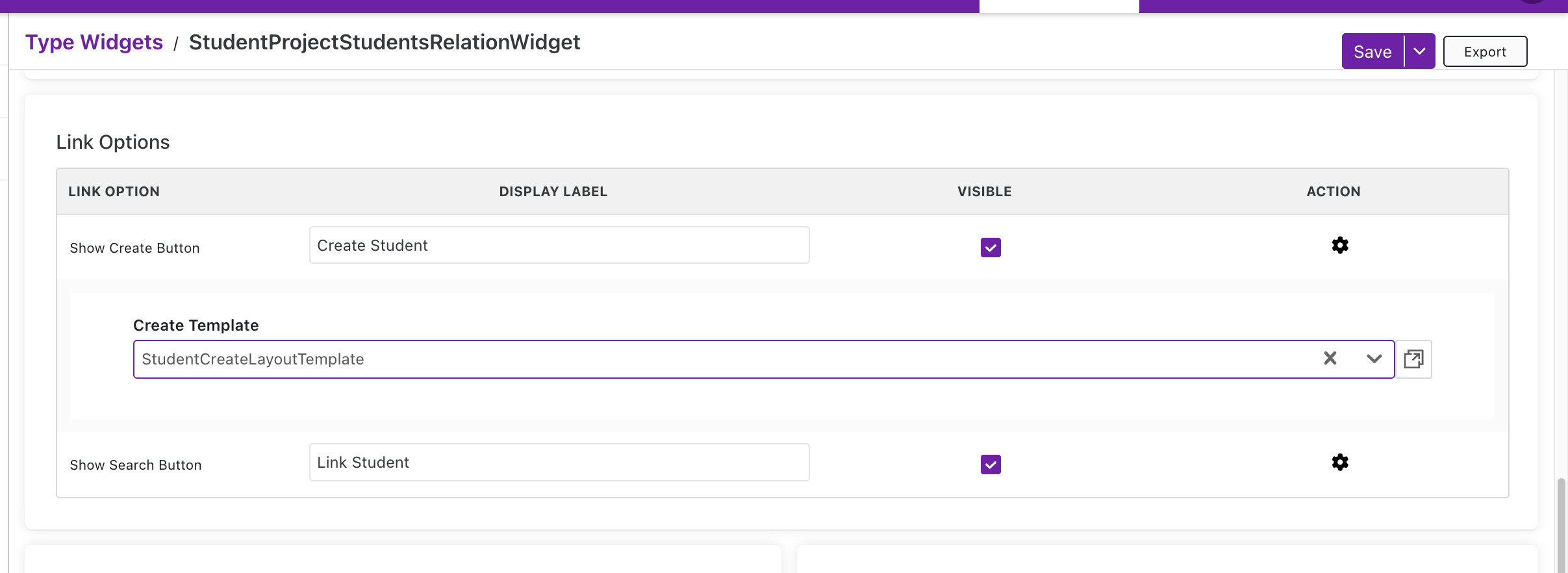 Link Options in Relation Widget
