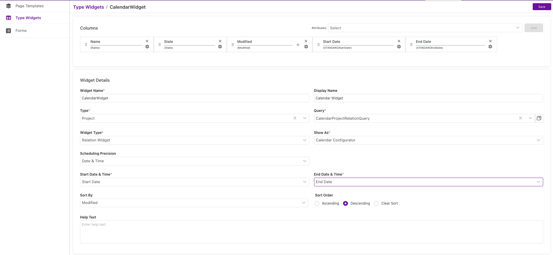 Calendar widget configuration