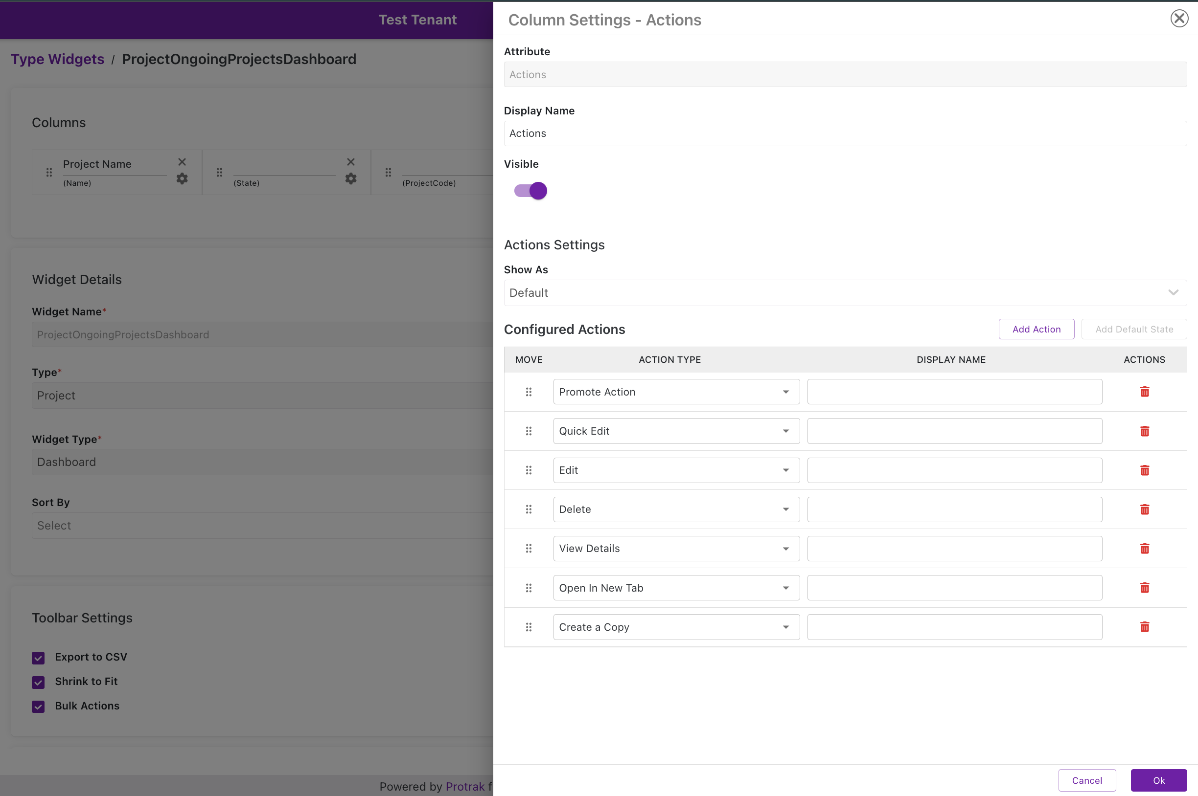 Actions Column Settings