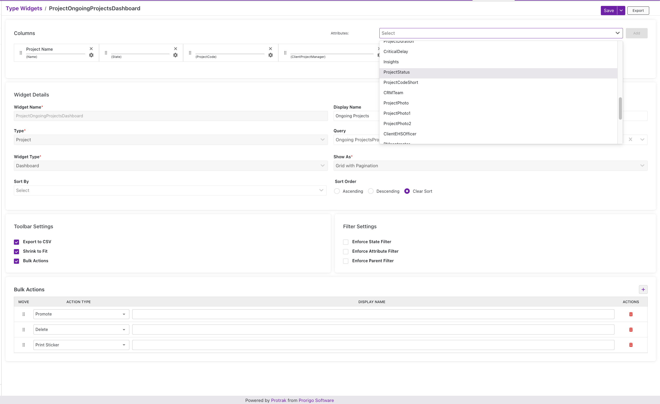Dashboard Widget Configuration