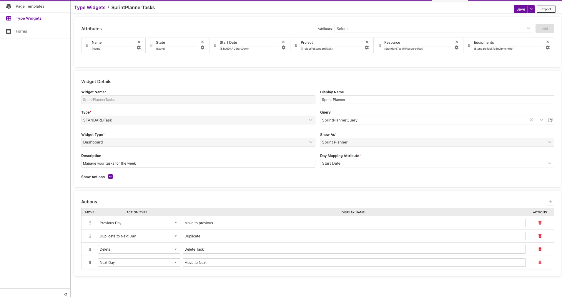 Sprint Planner widget configuration