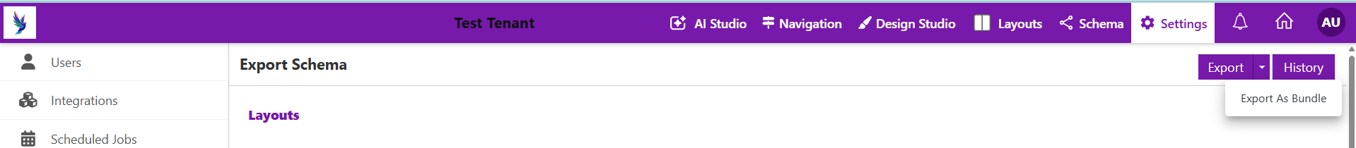 The Export Schema page, with the Export dropdown open showing "Export As Bundle"