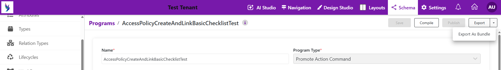 A Program's editor page, with the Export dropdown open showing "Export As Bundle"