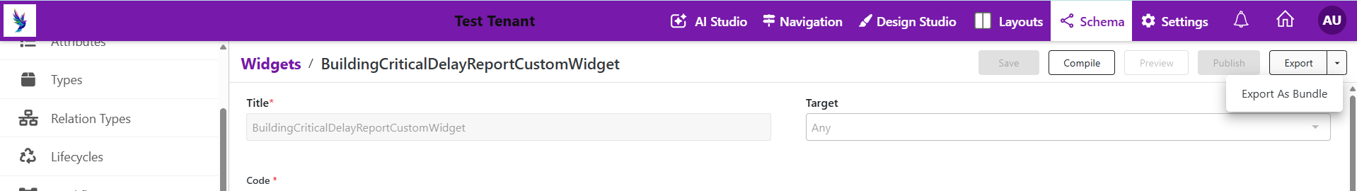 A Custom Widget's editor page, with the Export dropdown open showing "Export As Bundle"