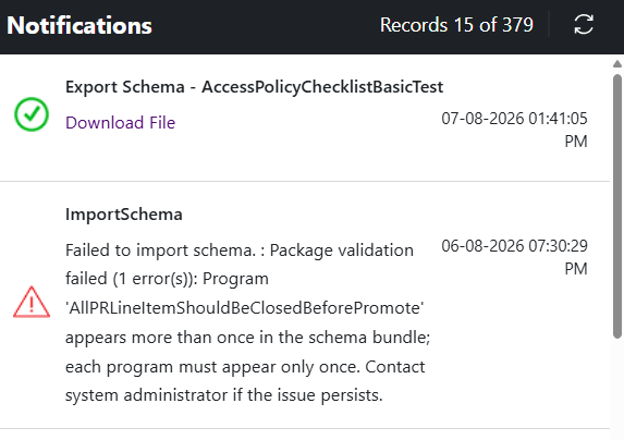 The notification panel showing a successful export and a failed import, with the specific reason the import failed