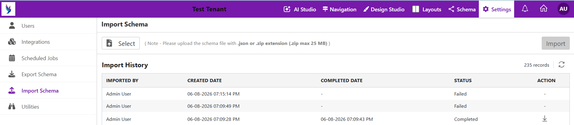 The Import Schema page, showing the file picker note that both .json and .zip files are accepted