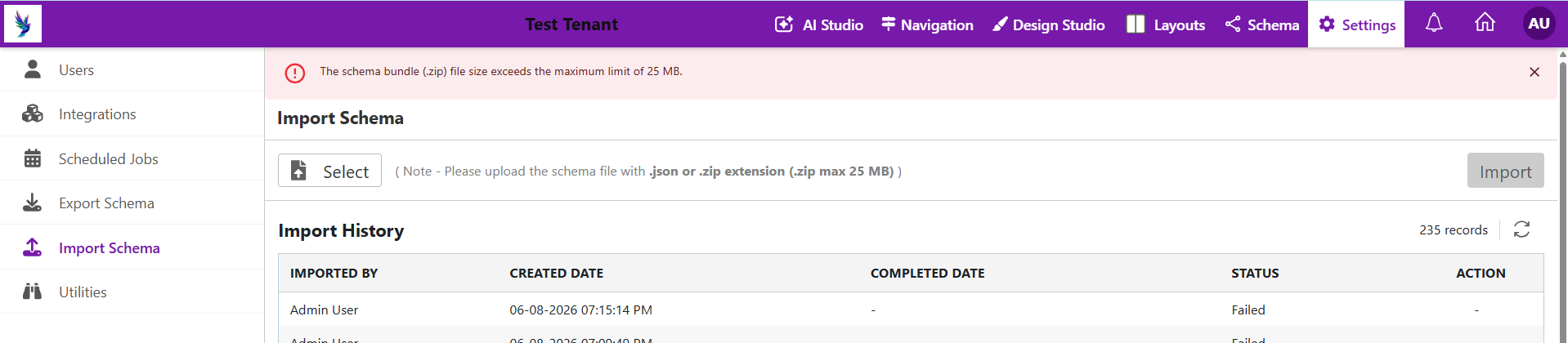 The size-limit error banner shown when an uploaded bundle is too large