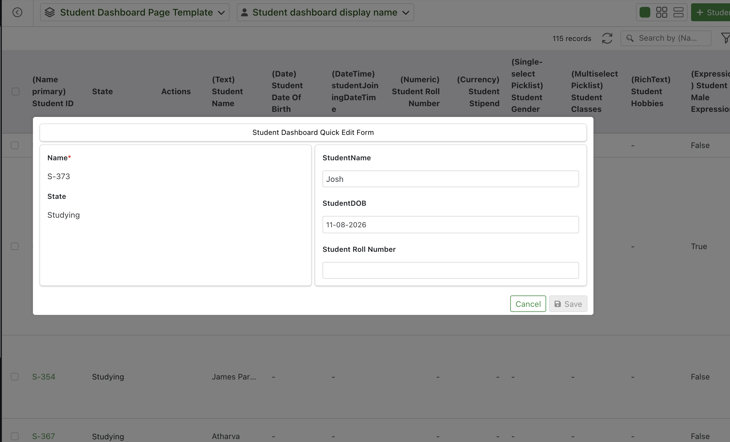 Dashboard Quick Edit popup